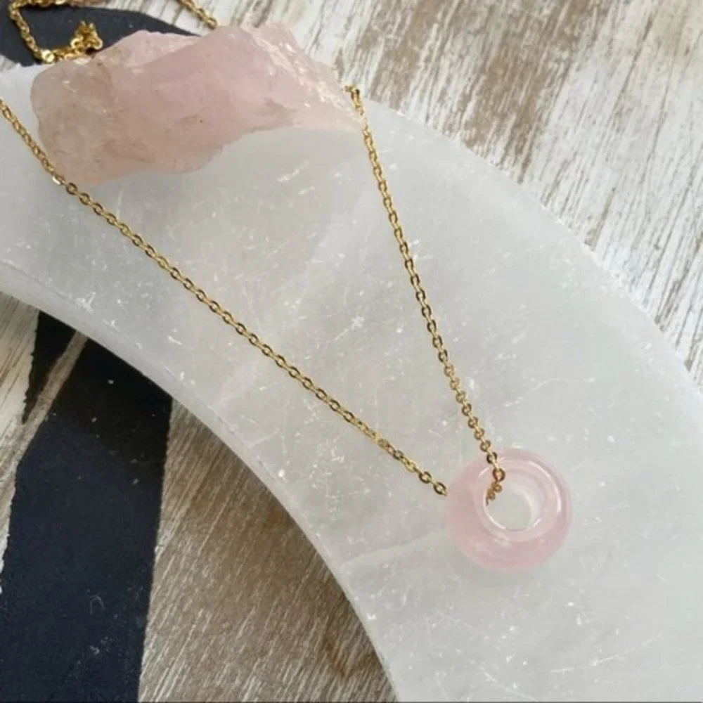 Pink Quartz  donut/worry stone Vermeil gold dainty necklace/ heart chakra
